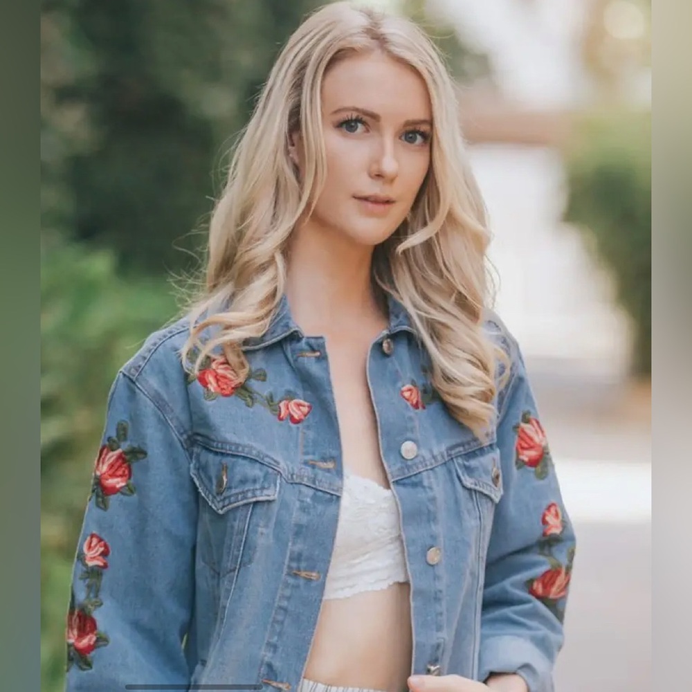 ILLA ILLA Blue Denim Jacket with Floral Embroidery